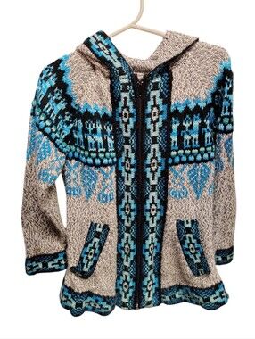 Ecologic Arts 100% Alpaca Wool Peruvian Zip Up Hooded Girl's Cardigan--Hand Knit